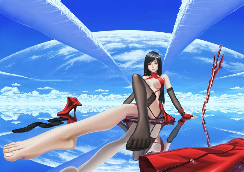 ilustrace, dlouhé vlasy, anime, anime dívky, odraz, nebe ilustrace, dlouhé vlasy, anime, anime dívky, odraz, nebe