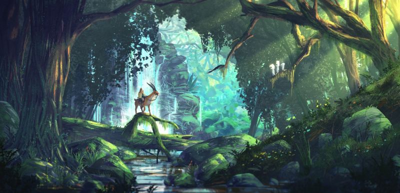 fantasy umenie, Princezná Mononoke, les, anime, jaskyňa, studio Ghibli fantasy umenie, Princezná Mononoke, les, anime, jaskyňa, studio Ghibli