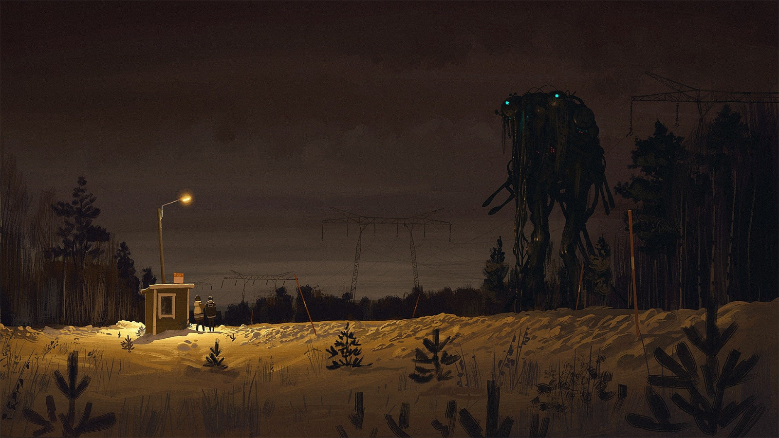 západ slunce, noc, robot, futuristický, umělecká díla, večer, ráno, sci-fi, soumrak, Simon Stalenhag, světlo, počasí, svítání, tma, Snímek obrazovky, atmosférický jev