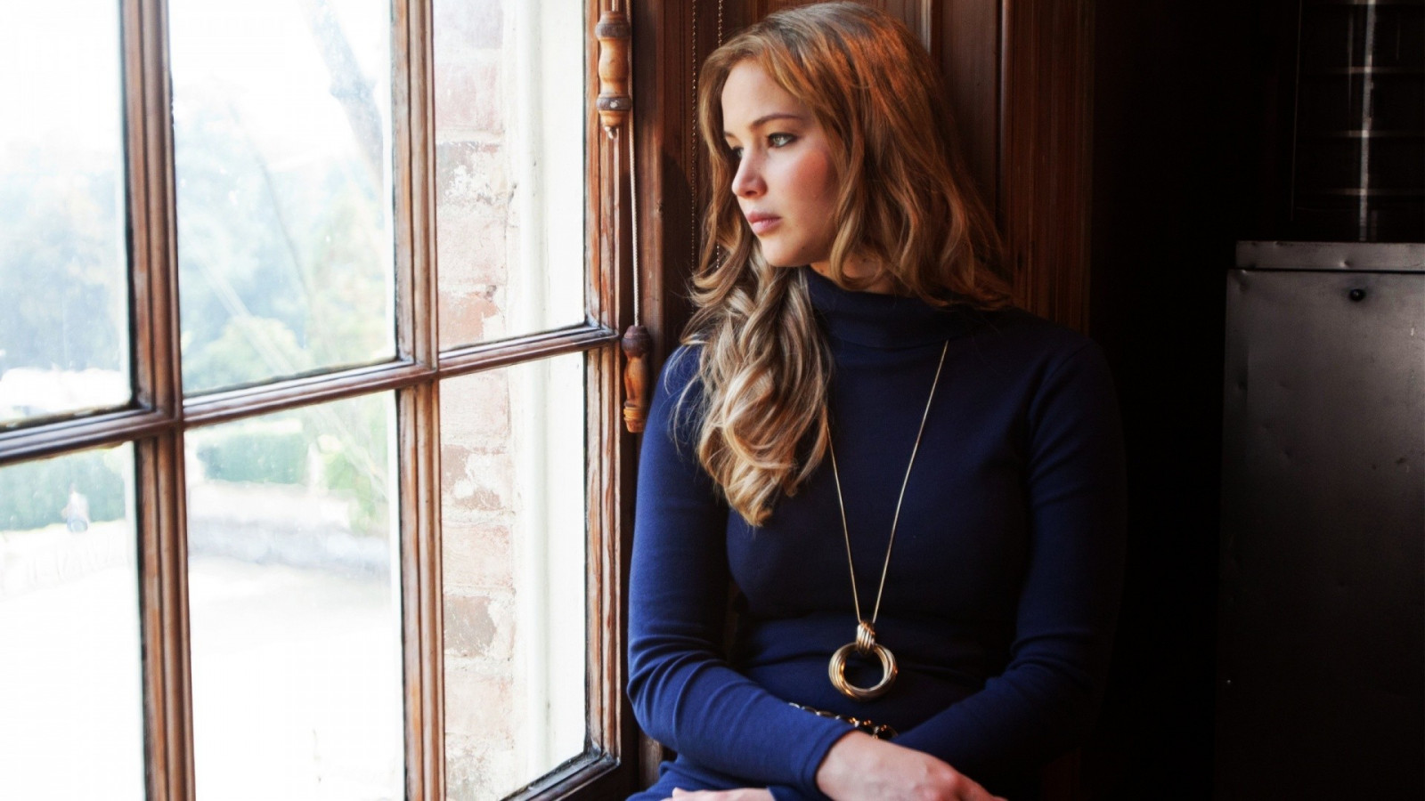 women, portrait, window, long hair, sitting, celebrity, actress, necklace, Jennifer Lawrence, Person, human positions, portrait photography, photo shoot
