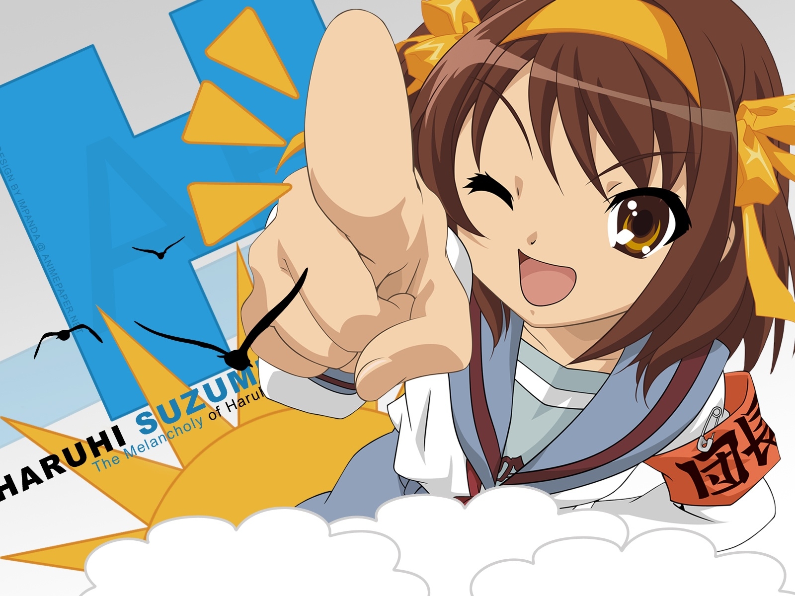 illustrazione, anime, cartone animato, occhiolino, Suzumiya Haruhi, Suzumiya Haruhi no Yuutsu, ragazza, dito, mangaka, seifuku