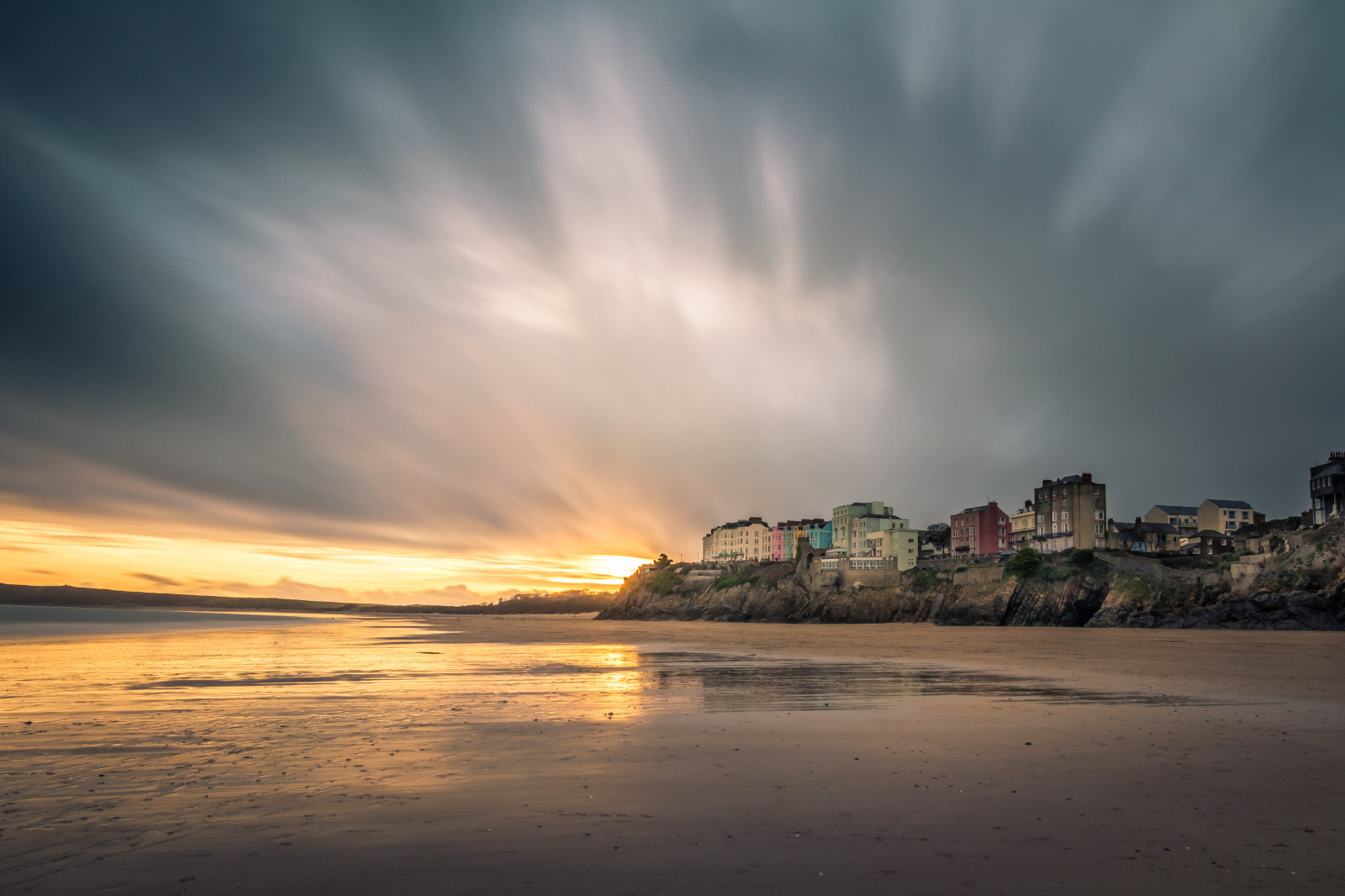 Wallpaper Sunset Beach Shore Coast Tenby Pembrokeshire Wales 
