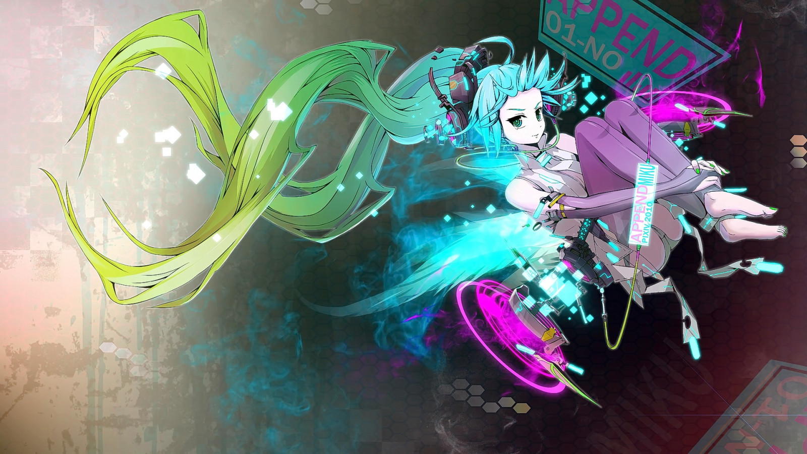 ilustrace, dlouhé vlasy, anime, anime dívky, při pohledu na diváka, zelené oči, Vocaloid, Hatsune Miku, aqua hair, UMĚNÍ, Snímek obrazovky, počítač tapeta