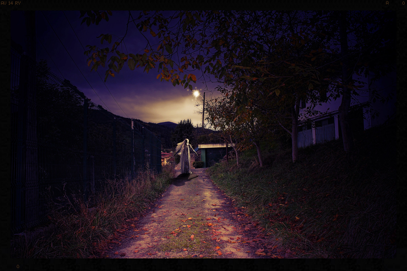 silnice, světlo, dívka, noc, Photoshop, temný, noche, mujer, farola, arboles, tma, camino, živá mrtvola, duch, peklo, strašidelný, montaje, účinek, Sombras, oscuridad, Foco, oscuro, Euskal, Herria, Gipuzcoa, 2013, Idiazabal