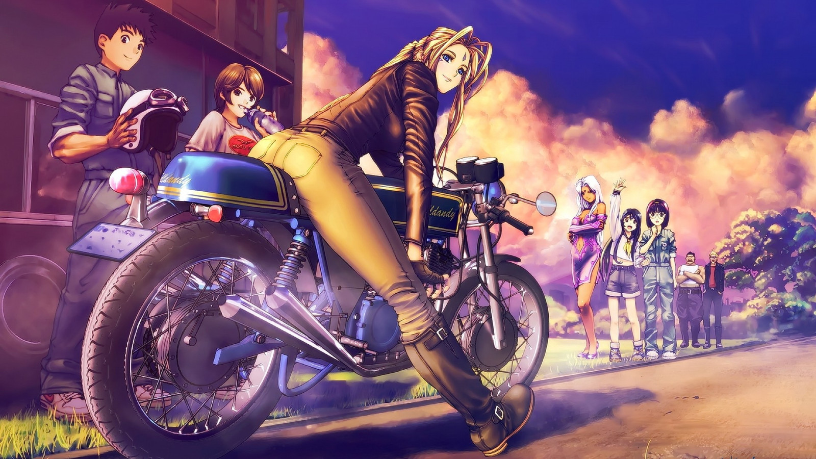 blond, langt hår, anime, Anime piger, blå øjne, kort hår, brunette, cykel, Kigger på seeren, sidder, motorcykel, køretøj, Ah My Goddess, kvinder med motorcykler, cykling, Cafe Racer, motorcykler, stuntman, mountainbike, ekstrem sport