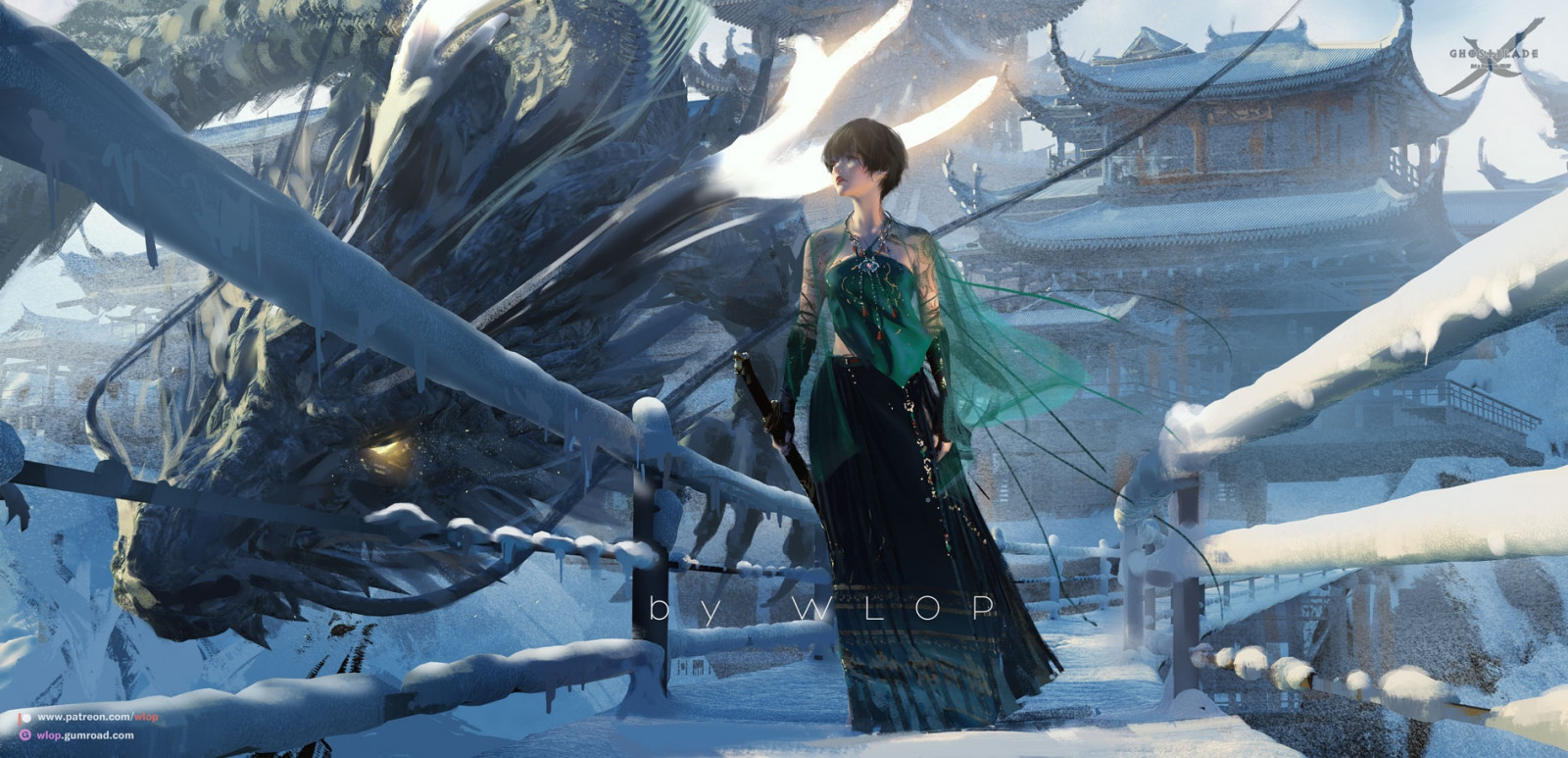 WLOP, digital art, artwork, illustration, fantasy girl, fantasy art, dragon, snow, women, short hair, dark hair