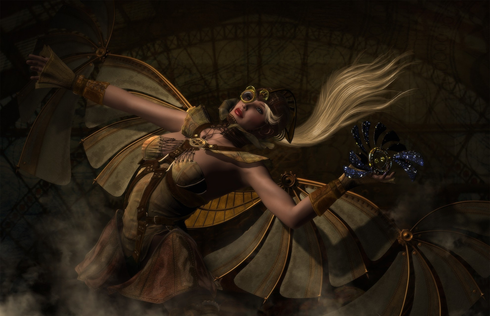 1980x1280 px, ART, engranaje, niña, Steampunk, alas