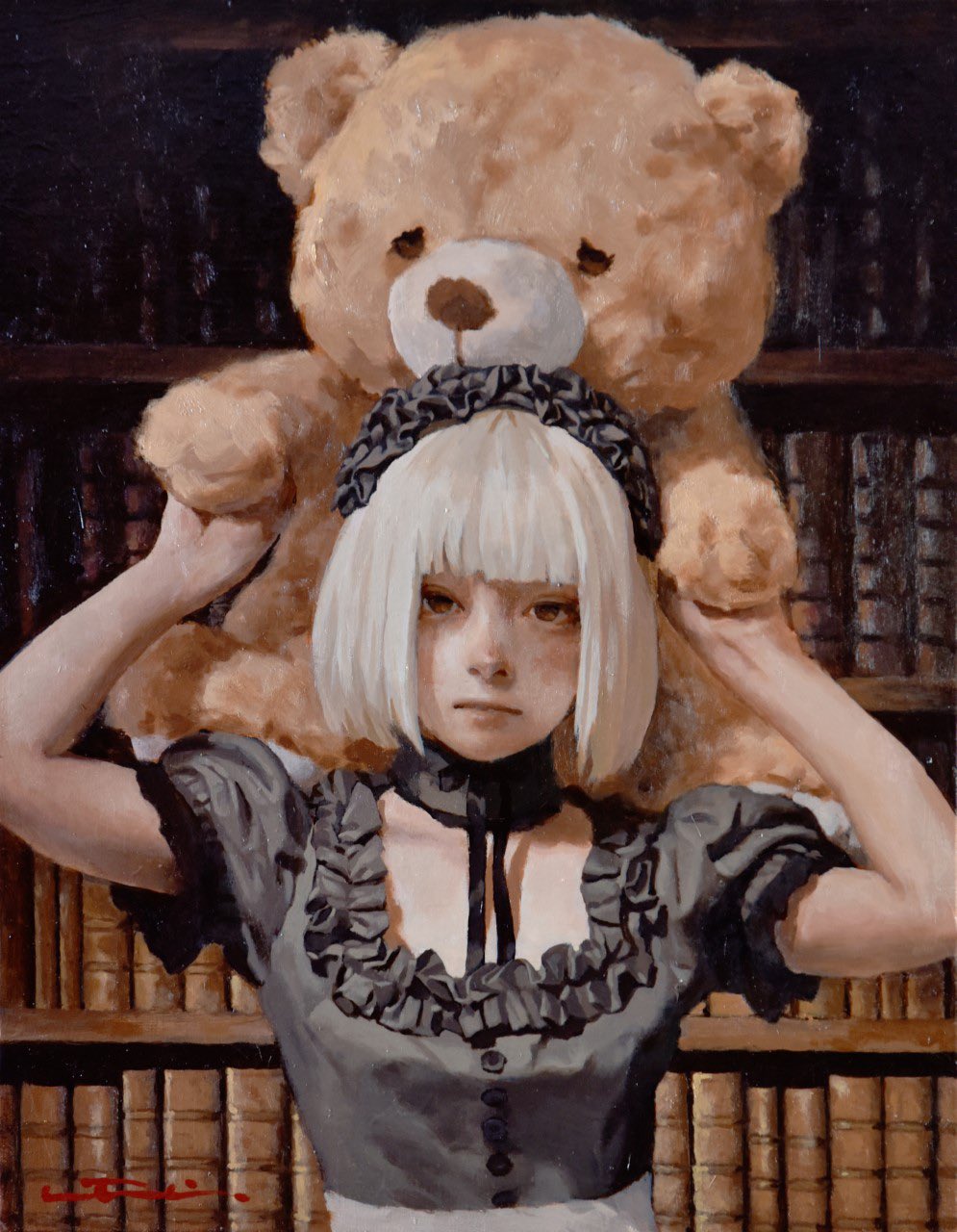 wallpaper-oil-painting-women-pony-artist-short-hair-teddy-bears