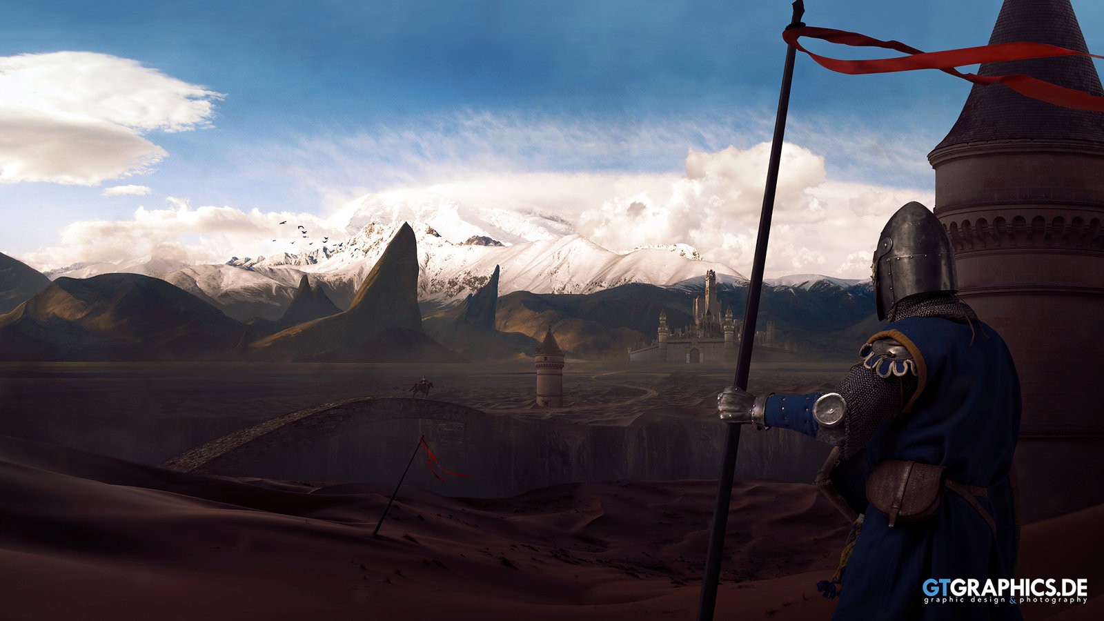panorama, montanhas, Fantasia arte, castelo, ponte, Guardas, Captura de tela, Atmosfera da terra