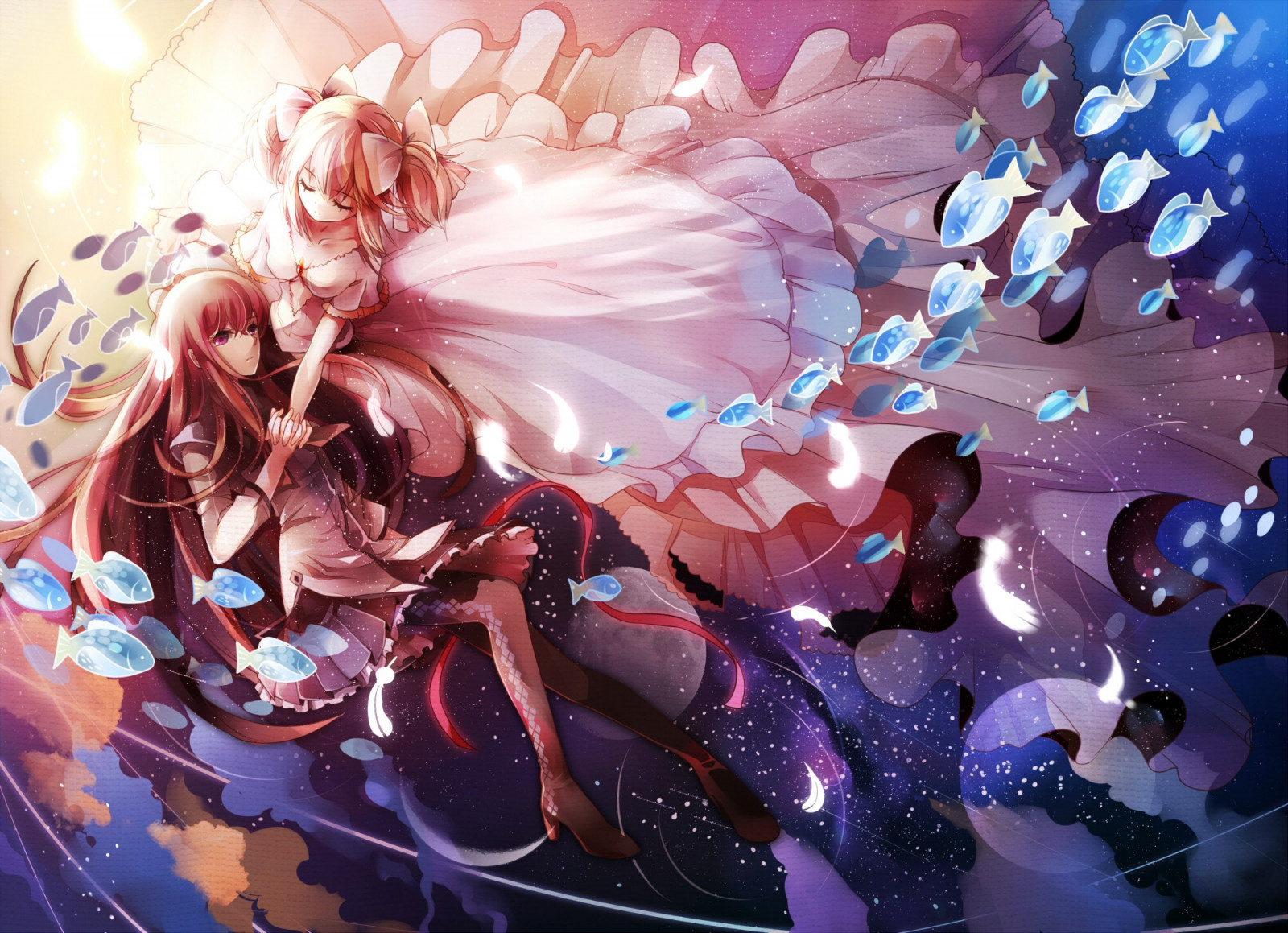 ilustrace, anime, Mahou Shoujo Madoka Magica, Akemi Homura, Kaname Madoka, UMĚNÍ, barva, květ, okvětní lístek