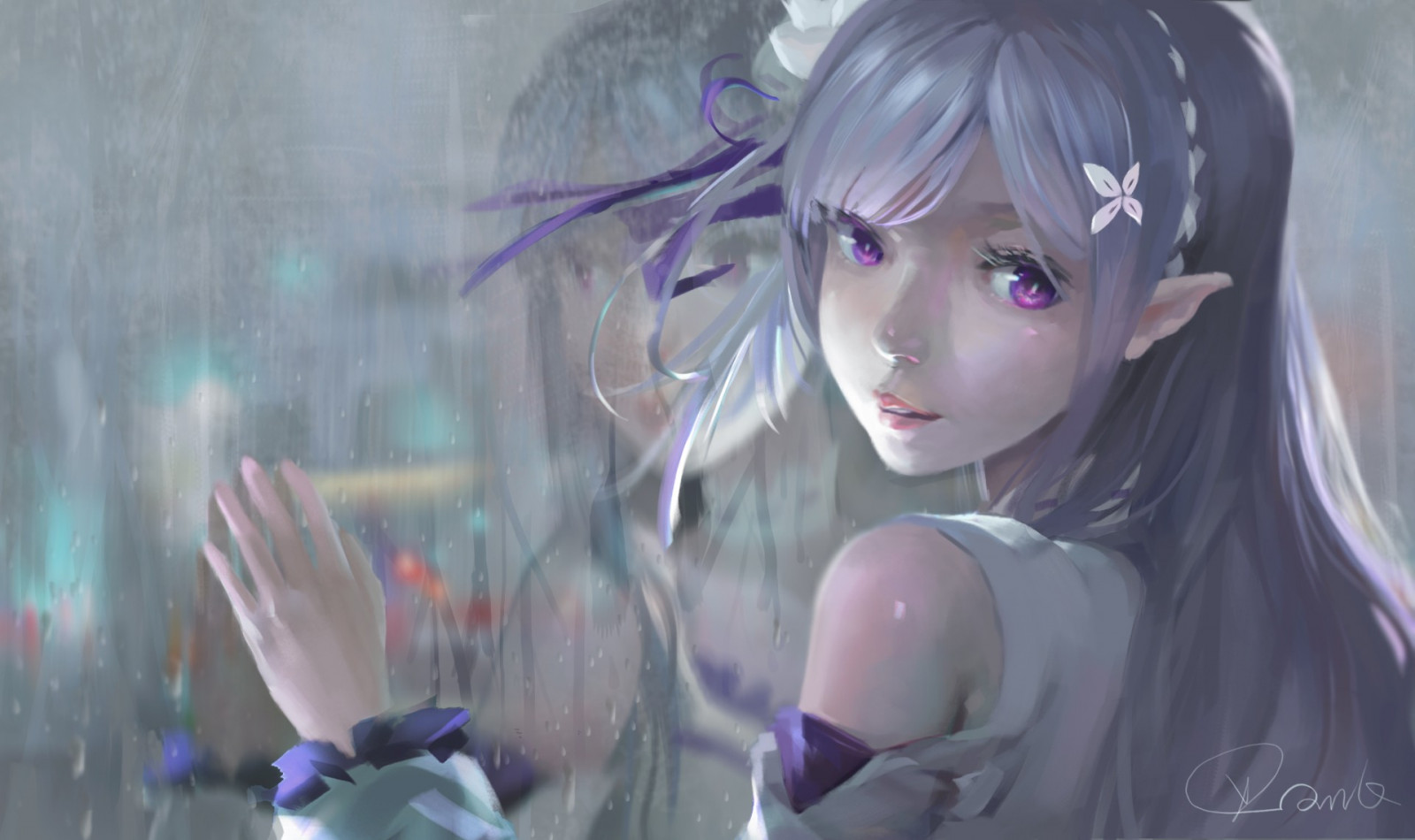 dlouhé vlasy, anime, anime dívky, déšť, Re Zero Kara Hajimeru Isekai Seikatsu, šedé vlasy, Emilia Re Zero, skřítek, Hračka, fialové oči, Snímek obrazovky, mangaka