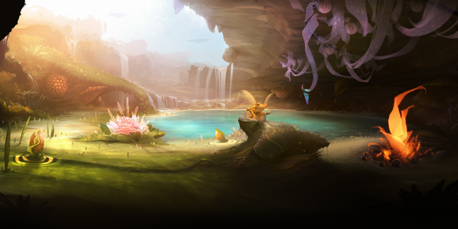 les, žába, tráva, květiny, jeskyně, vodopád, krajina, Příroda, životní prostředí