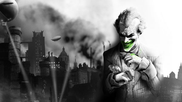 Batman Arkham City,the joker,smile,city,jacket,black and white