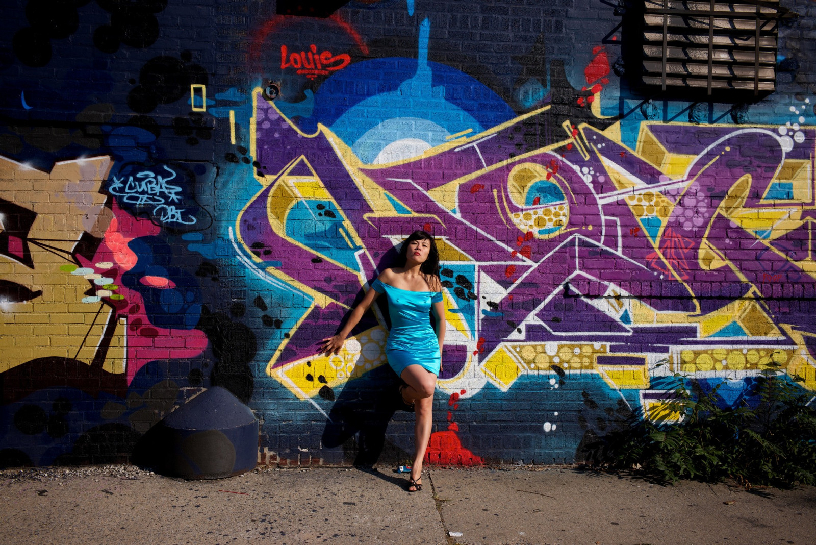 ženy, model, asijský, stěna, grafiti, nástěnná malba, UMĚNÍ, barva