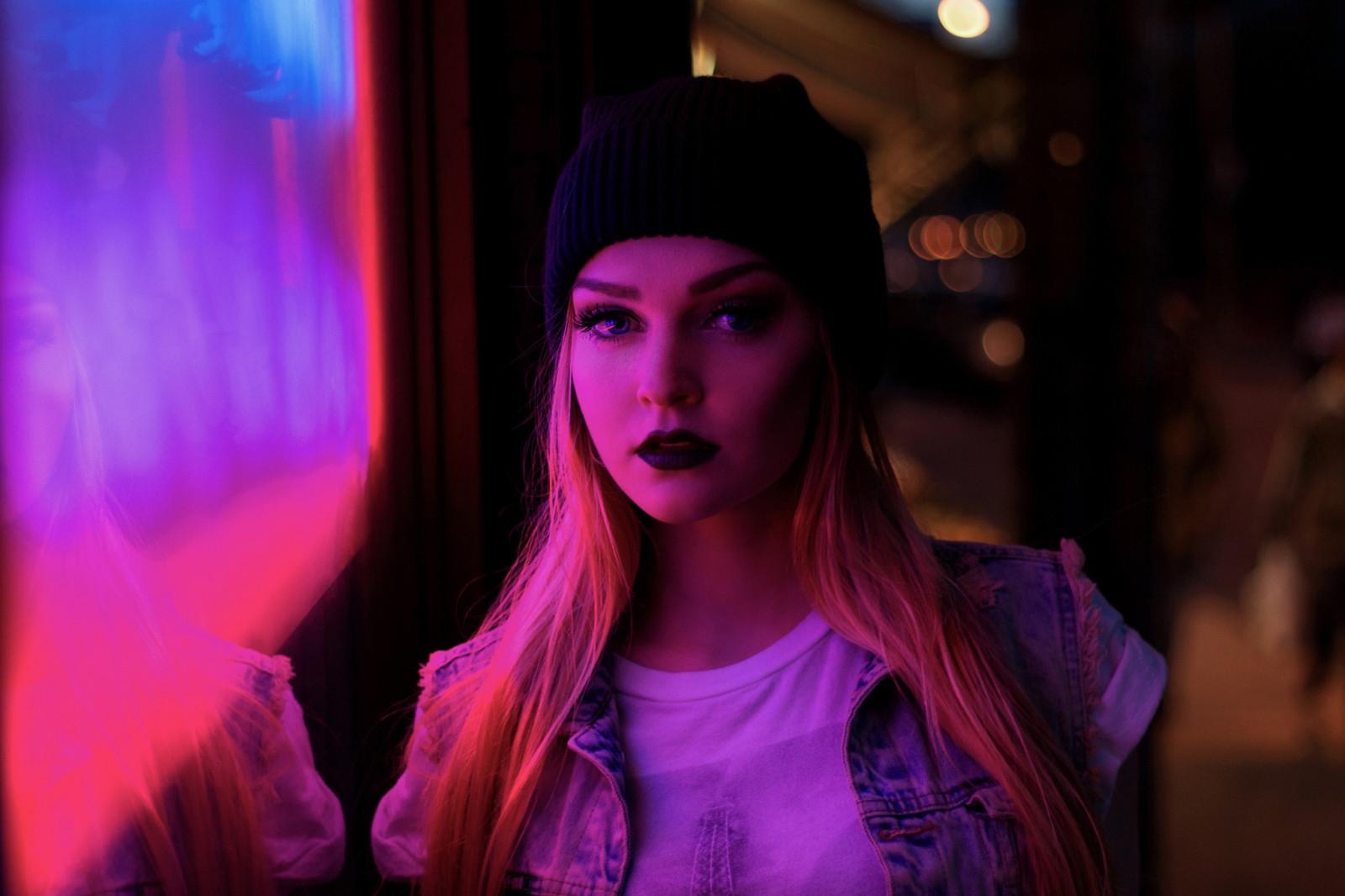 ansigt, Kvinder, model, portræt, blond, nat, mode, sang, Hallea Jones, farve, skønhed, scene, mørke, musikteater, natklub, performance