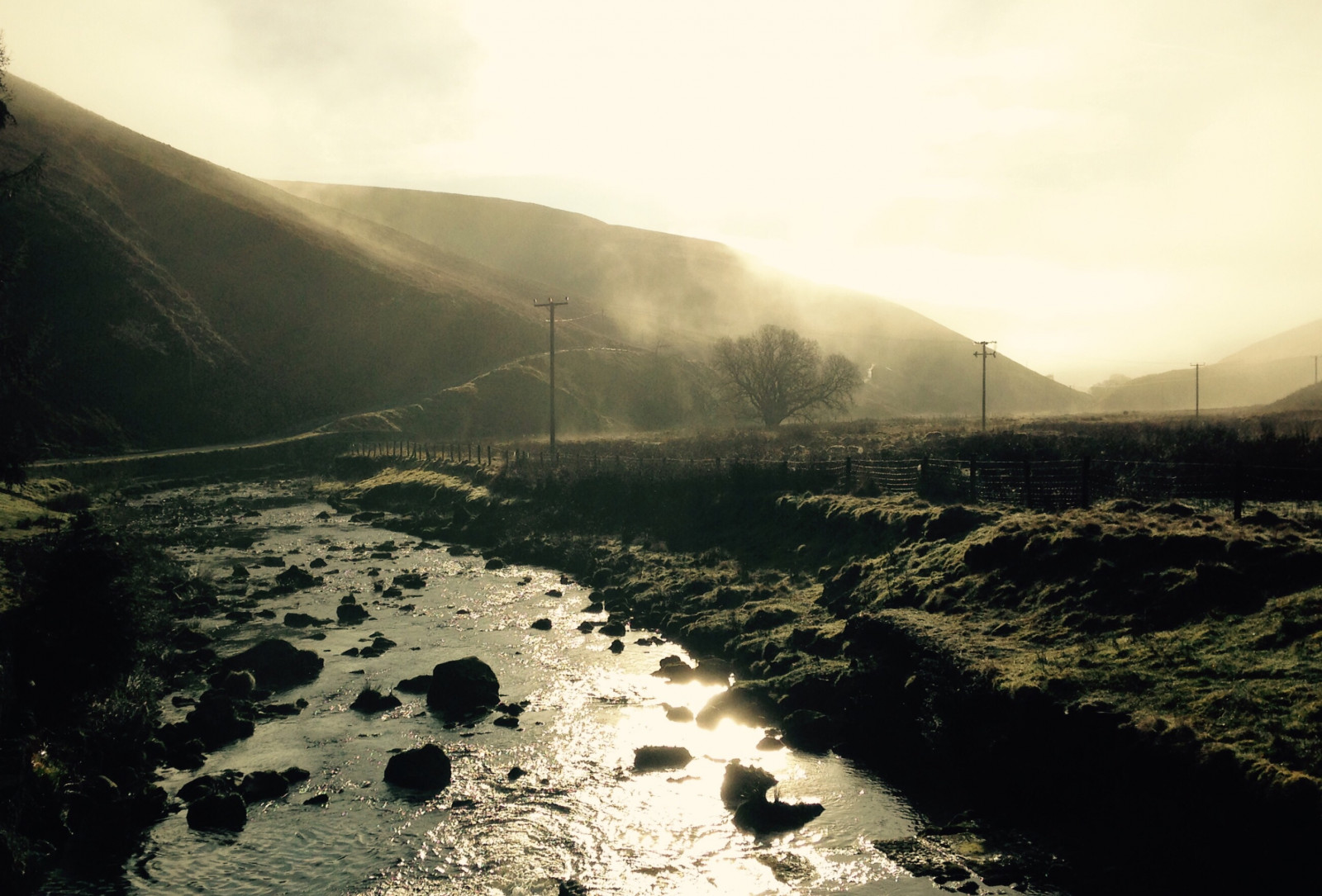 İngiltere, Lancashire, Ormancılık, Bowland, totridgefell, haredenfell, bleadalewater, langden, Dağlar, nehir, Klozet, Sikler, dunsopbridge, gündoğumu, Sisli, sis