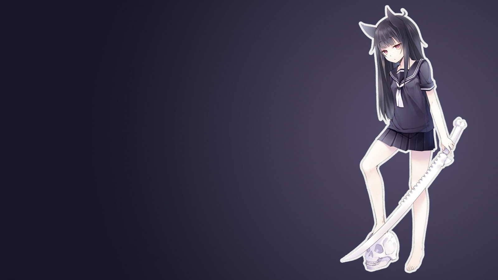 jednoduché pozadí, dlouhé vlasy, nekomimi, anime, anime dívky, zvířecí uši, naboso, černé vlasy, školní uniforma, sukně, červené oči, meč, Původní znaky, spád, lebka, tanečník, kloub, Nekomu, tma, 1920x1080 px, počítač tapeta, sexy anime