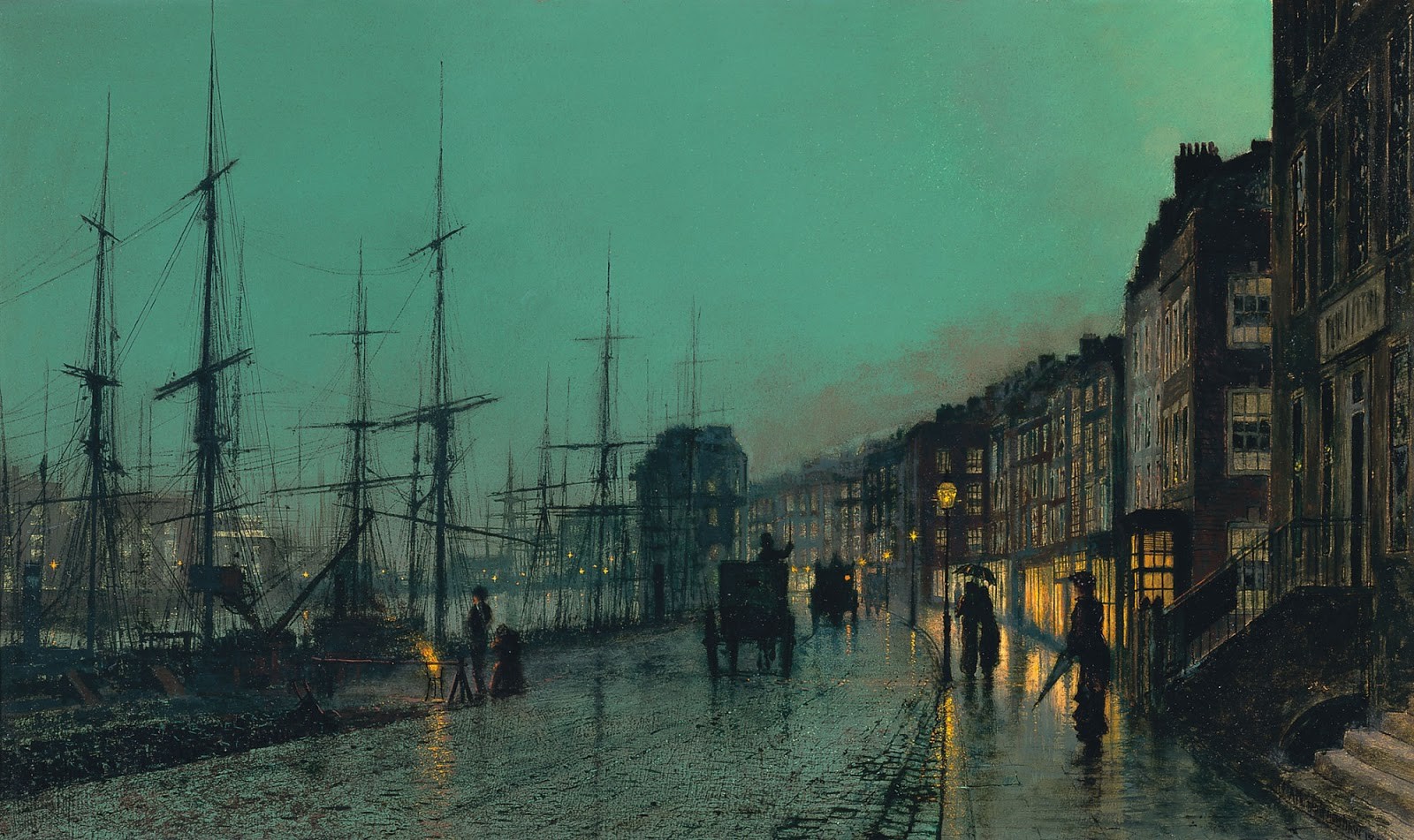 malování, lidé, John Atkinson Grimshaw, plachetnice, ulice, panoráma města, noc, architektura, budova, vozidlo, déšť, umělecká díla, Dům, Anglie, večer, dok, cesta, viktoriánský, počasí, stožár, atmosférický jev, vodní