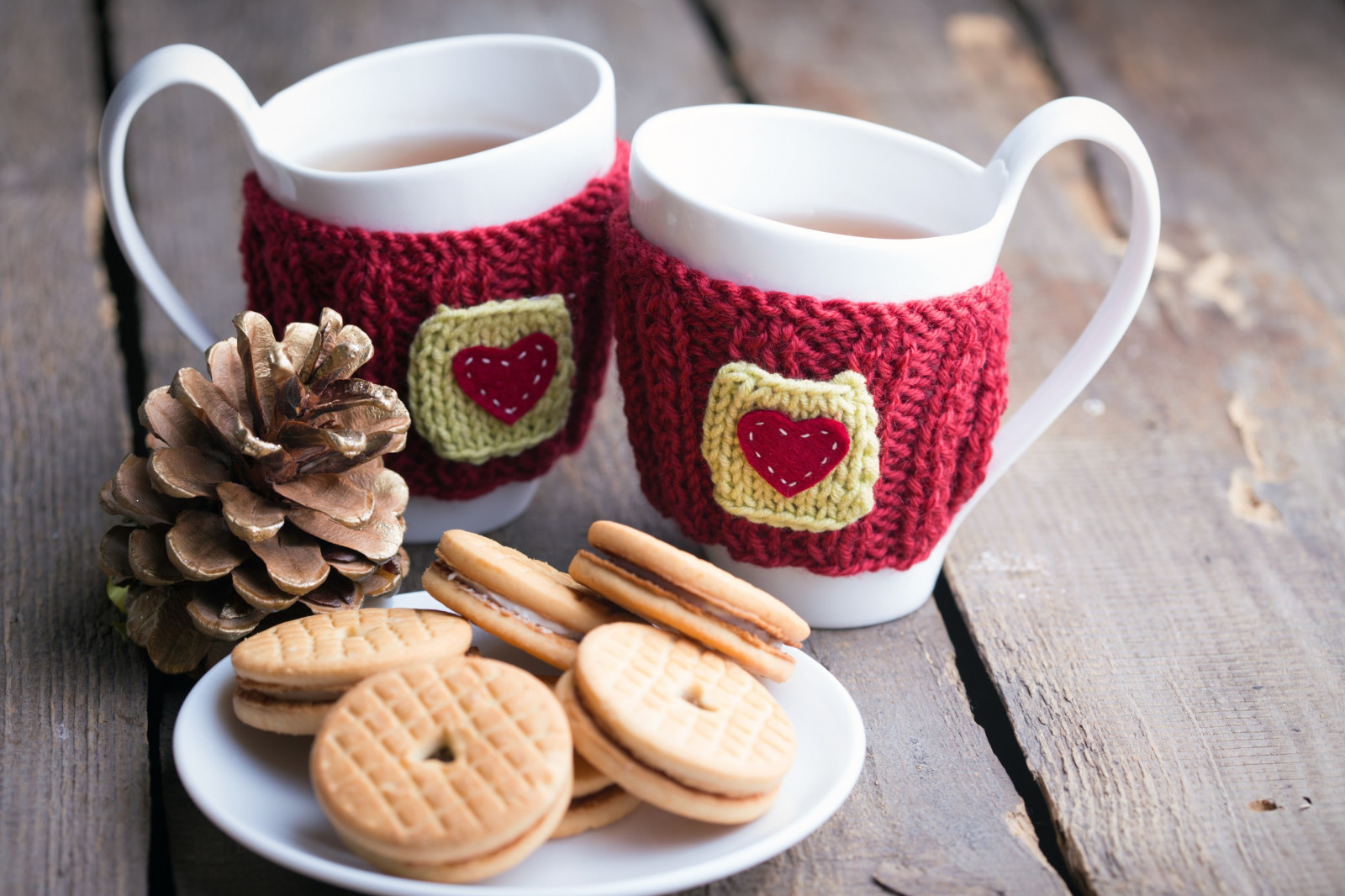 Wallpaper heart, drink, cozy, tea, breakfast, cookies, pine cones