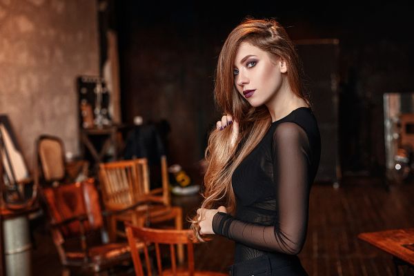 women,brunette,long hair,standing,hands in hair,black clothing