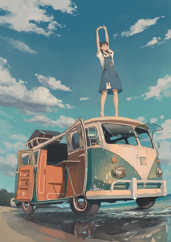 artwork,anime girls,sky,clouds,Pixiv,portrait display