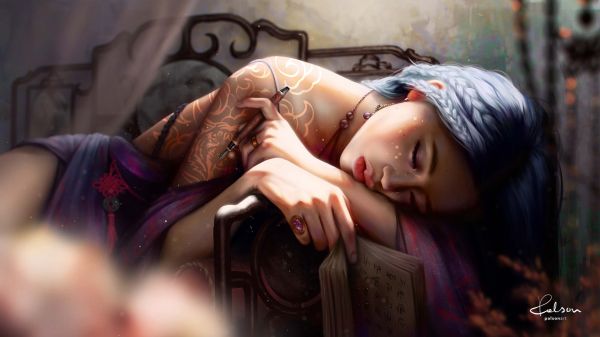 Paulina Bochniak,digital art,artwork,illustration,women,blue hair