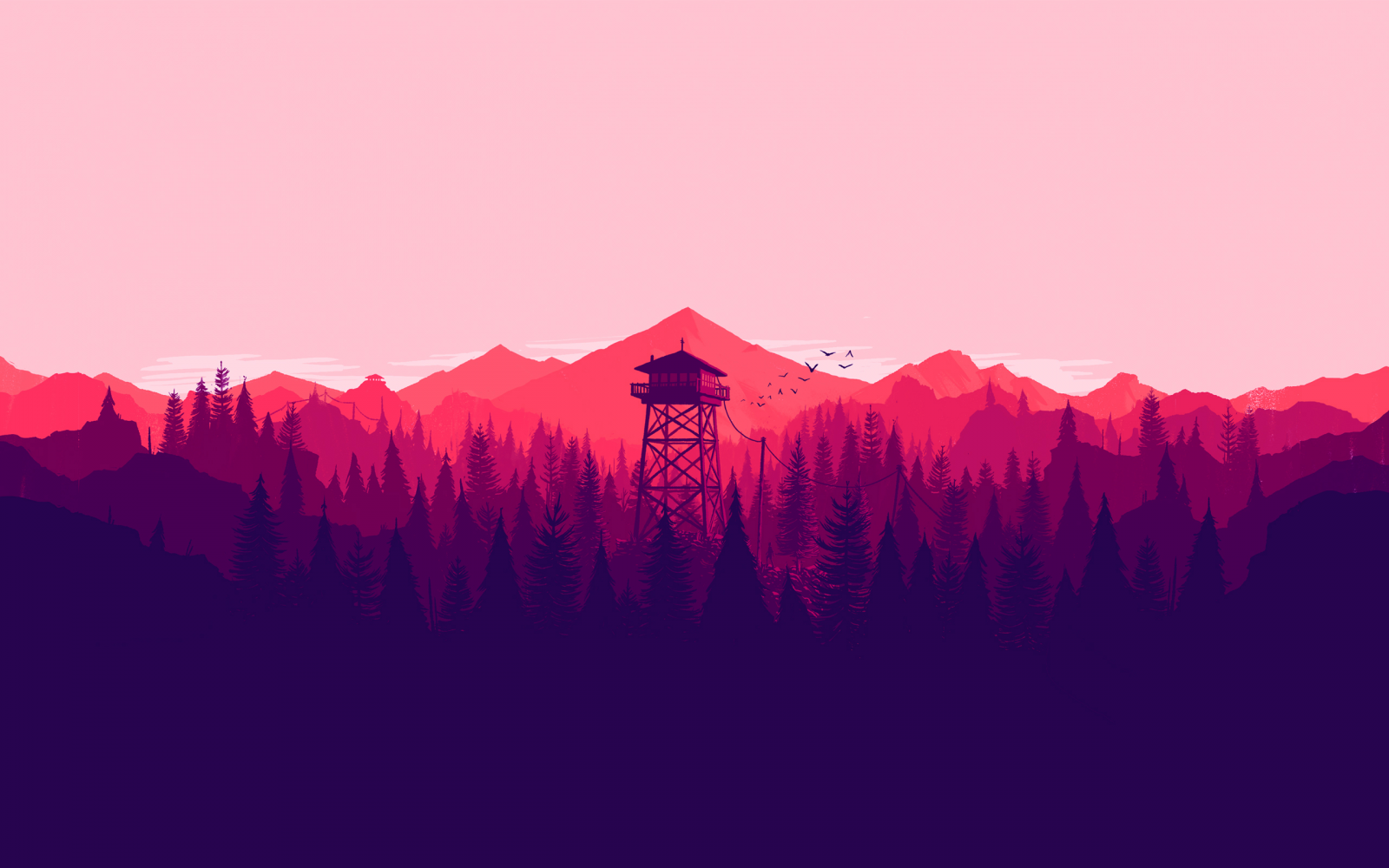 krajina, barvitý, les, ilustrace, hory, digitální umění, videohry, Příroda, minimalismus, umělecká díla, nízká poly, svítání, věž, Firewatch, olly Moss, hora, svítání, horských reliéf, geologický fenomén, pohoří