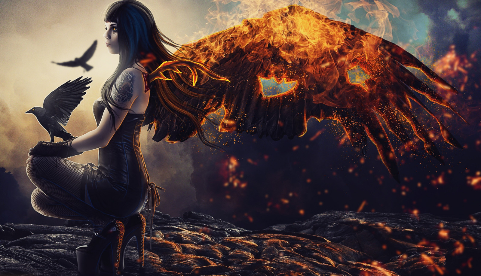 ptactvo, ženy, fantasy umění, křídla, umělecká díla, oheň, mytologie, tma, Snímek obrazovky, počítač tapeta, fiktivní postava, 4490x2581 px