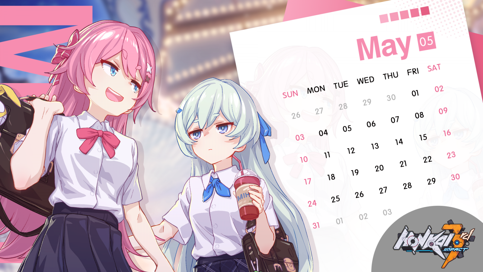 Honkai Impact, Honkai Impact 3rd, videohry, anime dívky, kalendář, Rozaliya Olenyeva, Liliya Olenyeva, umělecká díla, digitální umění, dlouhé vlasy, modré oči, Růžové vlasy