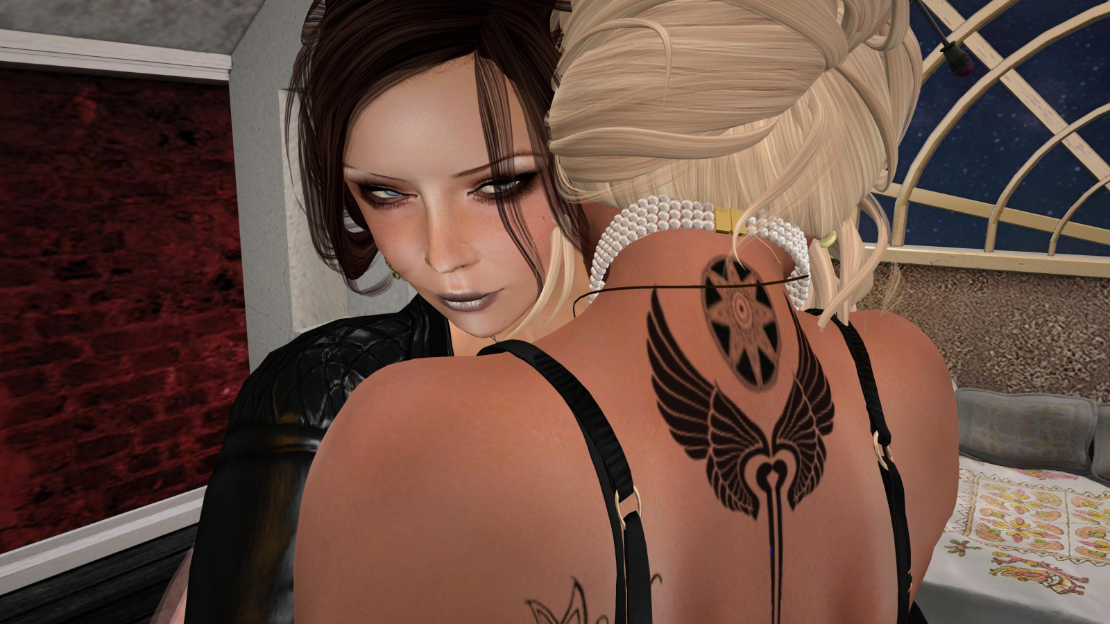 donne, modello, bionda, antico, 3D, Ali, fotografia, CGI, tatuaggio, capelli neri, reggiseno, computer, moda, capelli, mondo, indietro, abbracciare, Camera da letto, svedese, Persona, Amici, sorelle, capi di abbigliamento, australiano, famiglia, ciuffo, Virtuale, ragazza, bellezza, donna, signora, insieme, gamba, stella, casa, abbraccio, cinghie, soffice, seconda vita, grafica, parenti, servizio fotografico, corpo umano, organo, alexandriabrangwin, ordine, carezza, nikkiarentire, babilonese, Ishtar, sorellanza