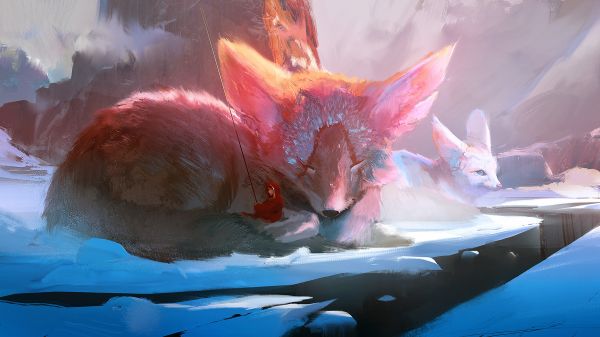 fantasy art, women, fox, snow, mountains, sleeping