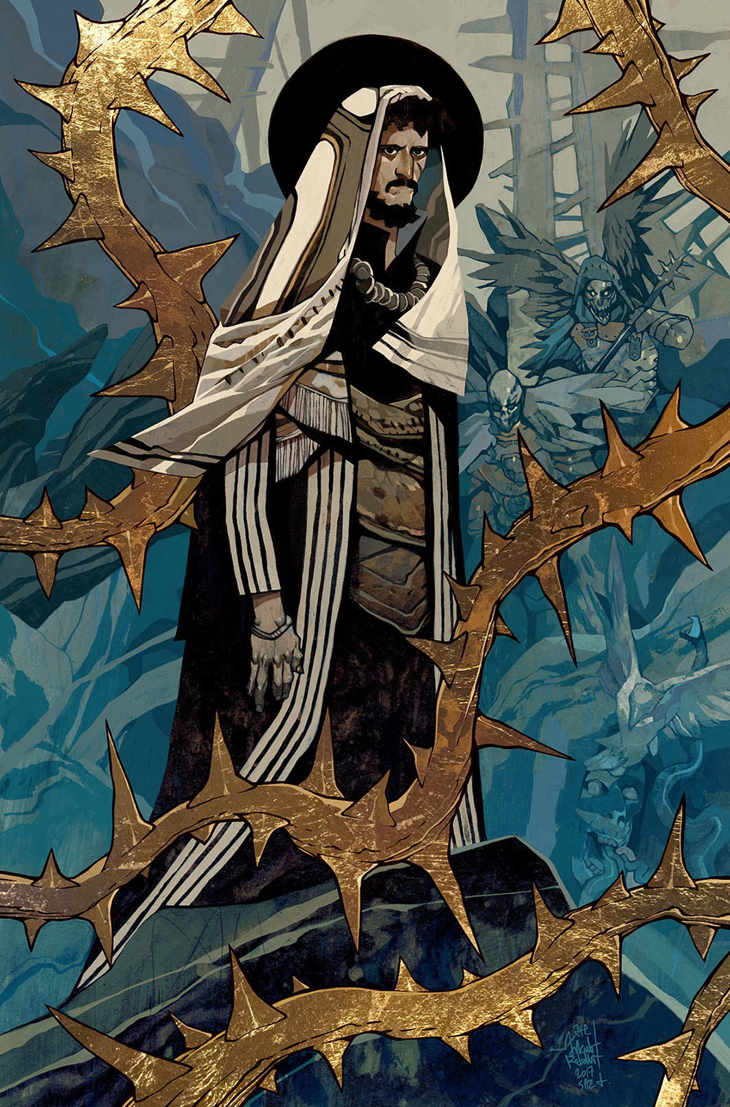 Wallpaper Jakub Rebelka, abstract, men, mantle, hood, forest, thorns, rocks, painting