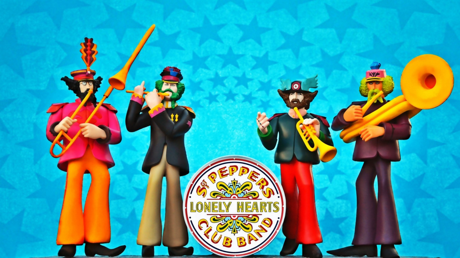 muži, barvitý, ilustrace, 3D, hudební nástroj, umělecká díla, hvězdy, hudba, kreslená pohádka, hudebník, fan art, albové kryty, Brouci, psychedelic, vousy, hrací, bicí, Ringo Starr, John Lennon, legendy, Paul McCartney, George Harrison, trumpety, hudební divadlo