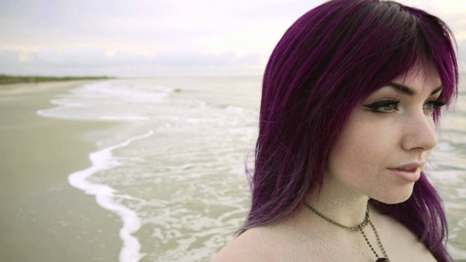 Wallpaper : 1920x1080 px, amateur, clouds, purple hair, sand, sea