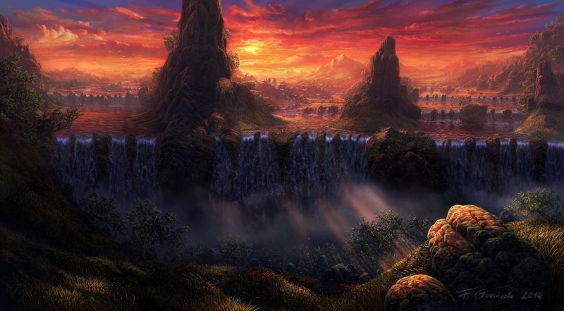 fantasy umění, odraz, umělecká díla, les, západ slunce, noc fantasy umění, odraz, umělecká díla, les, západ slunce, noc