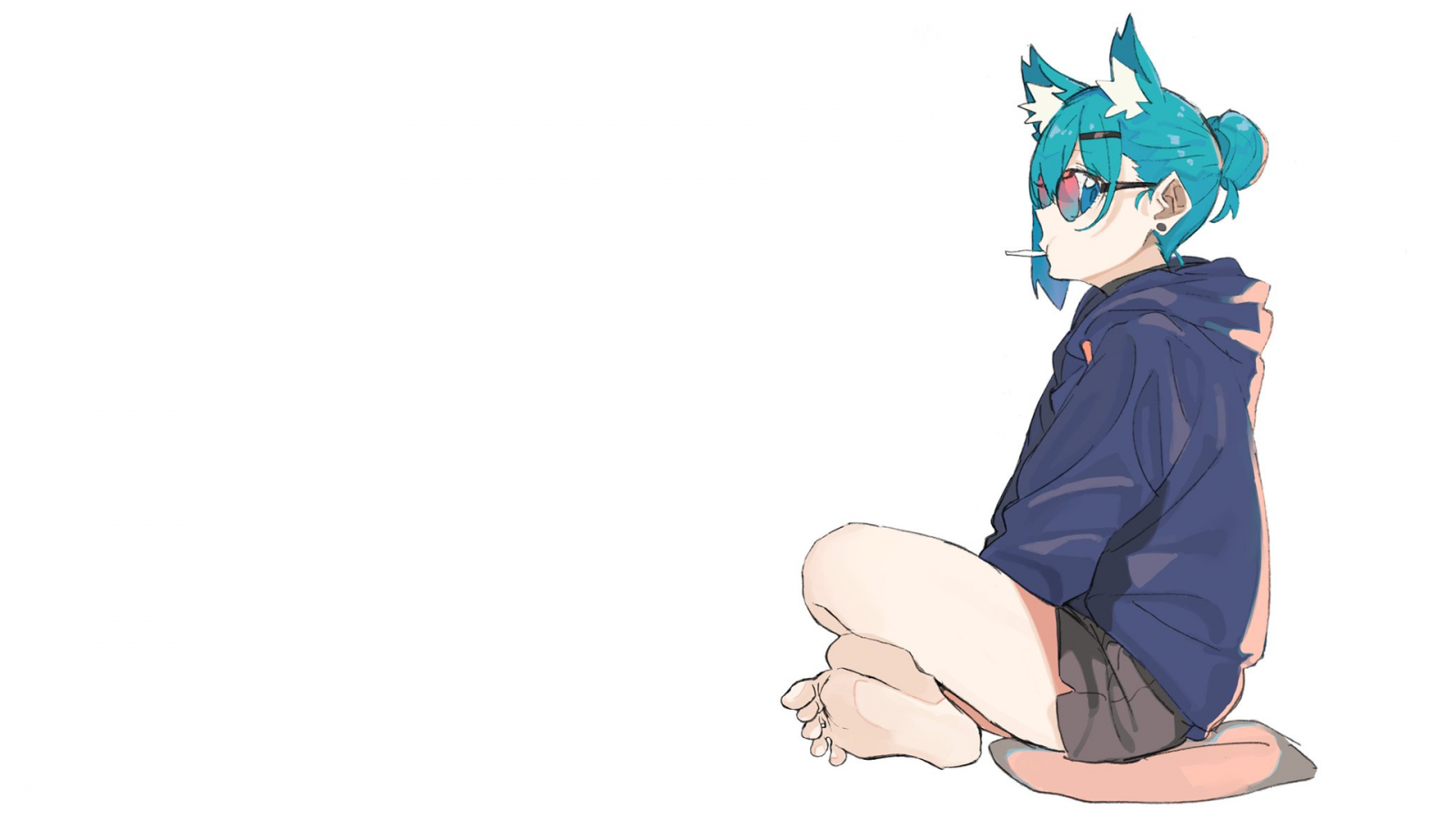 anime, manga, anime girls, white, simple background, minimalism, nekomimi, glasses, turquoise, turquoise hair, anime girls eating