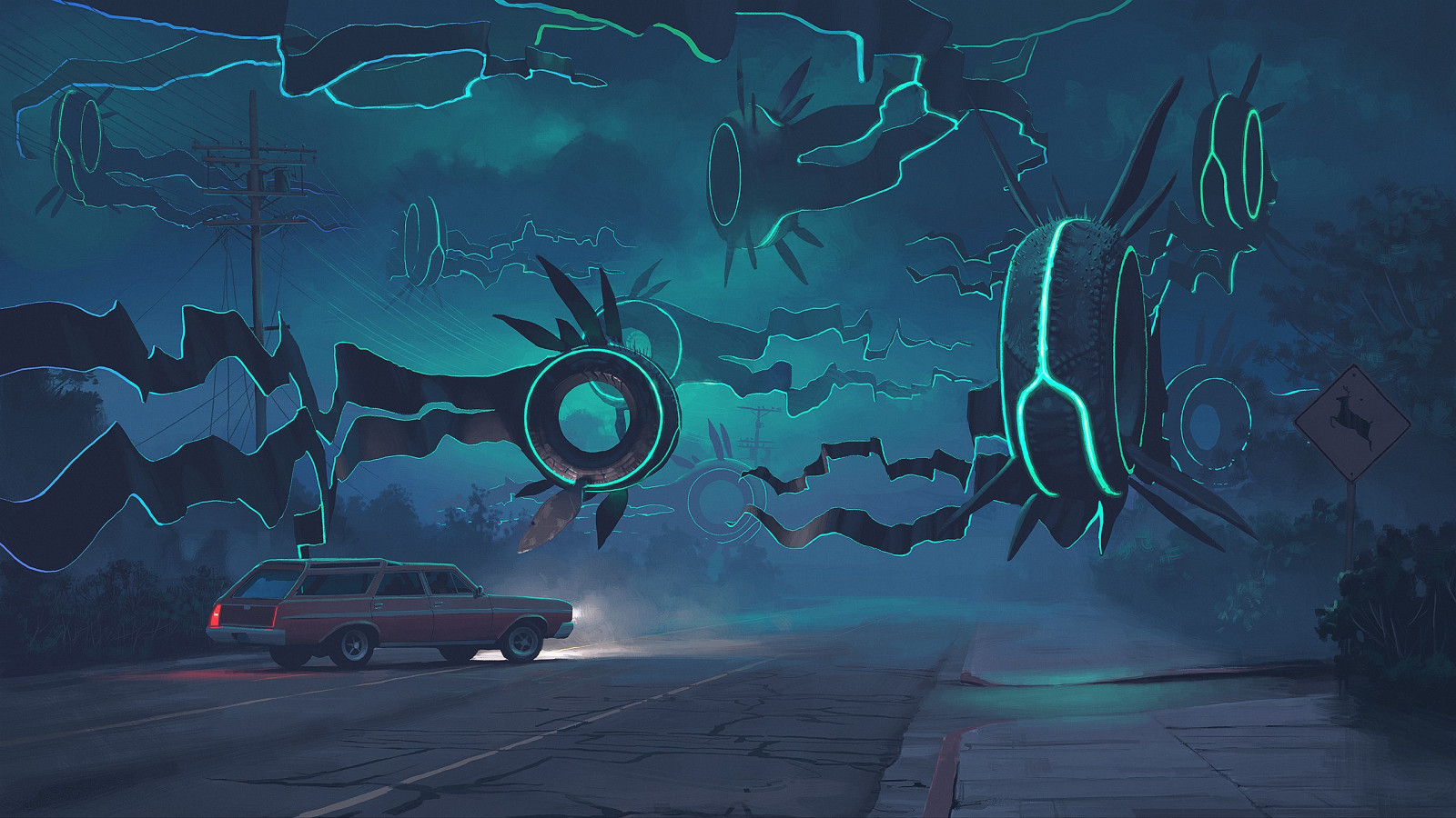 ilustrace, sci-fi, půlnoc, Simon Stalenhag, UMĚNÍ, tma, Snímek obrazovky, počítač tapeta