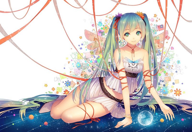 illustration, long hair, anime, anime girls, flowers, planet illustration, long hair, anime, anime girls, flowers, planet