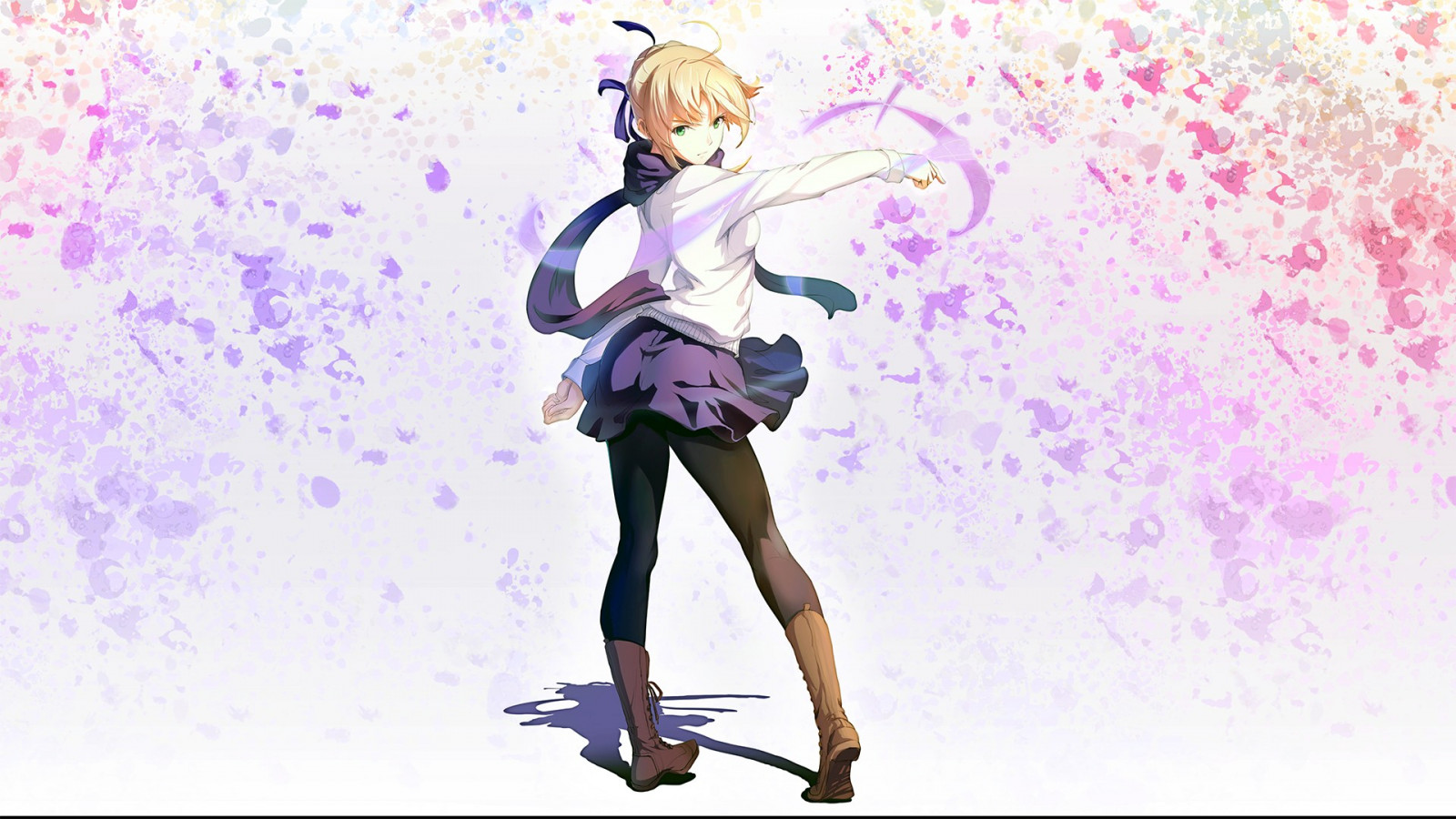 ilustracja, blond, Anime, Dziewcząt anime, zielone oczy, rysunek, szalik, Szabla, Fate Series