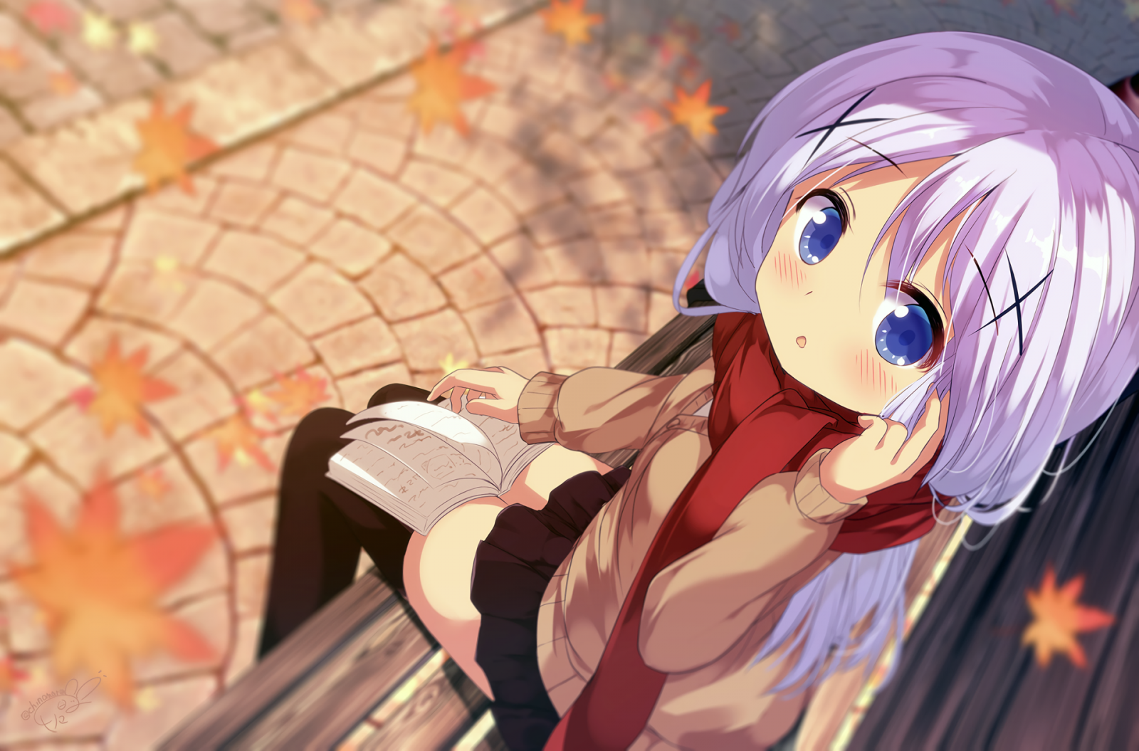 anime, Anime piger, Gochuumon wa Usagi Desu ka, loli, Kafuu Chino, Blåt hår, blå øjne, fan kunst, afslappet, vinter, hvid hud