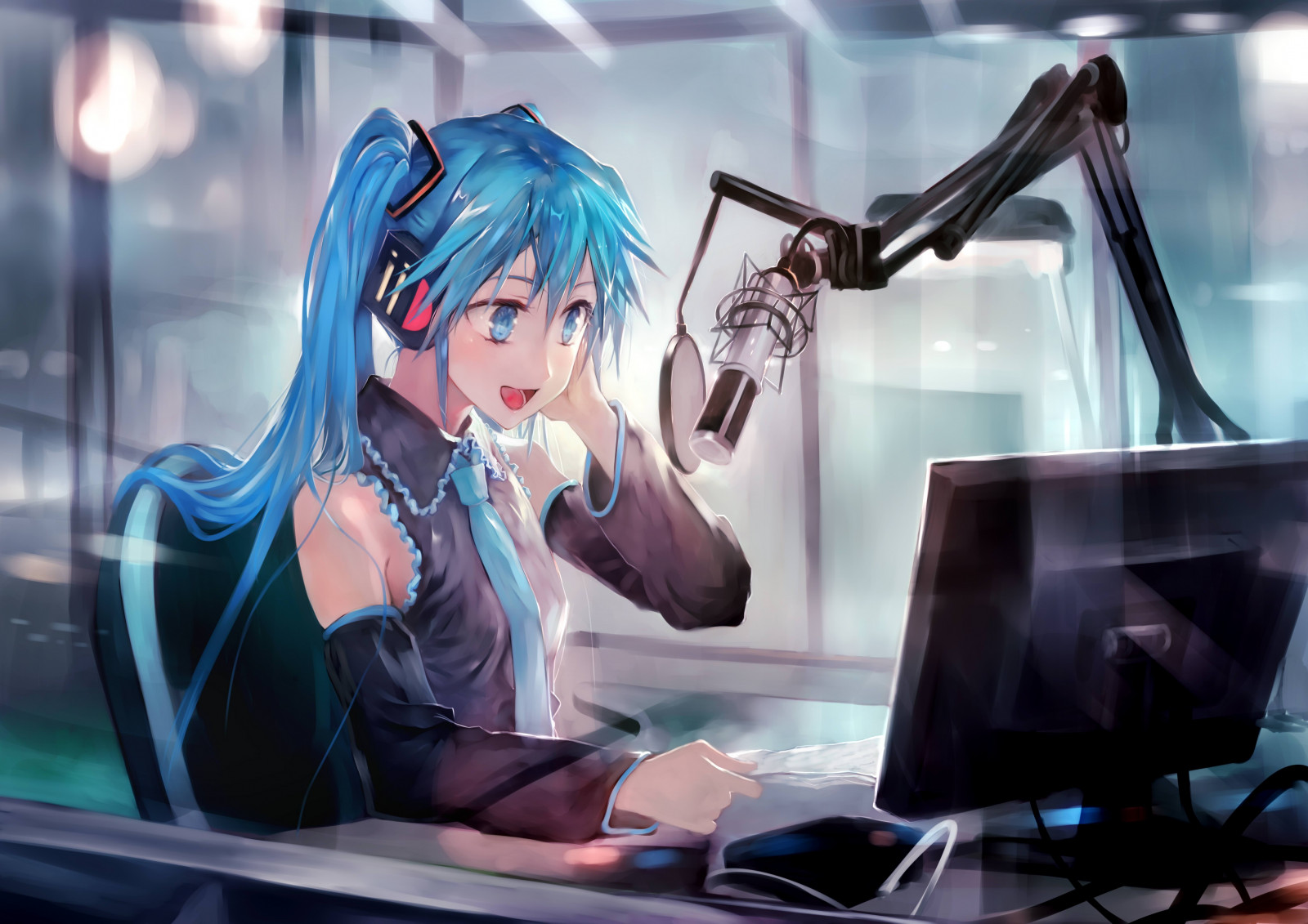 dlouhé vlasy, anime, anime dívky, modré vlasy, modré oči, Vocaloid, Hatsune Miku, mikrofon, sluchátka, Snímek obrazovky, mangaka