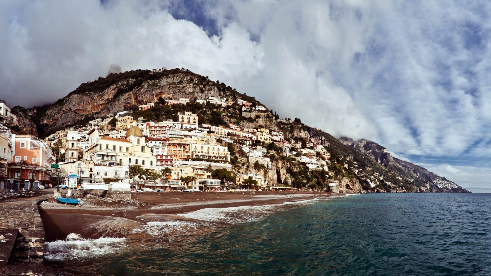 krajina, moře, město, panoráma města, Itálie, záliv, Skála, budova, pláž, pobřeží, pelerína, dovolená, Positano, Terén, hora