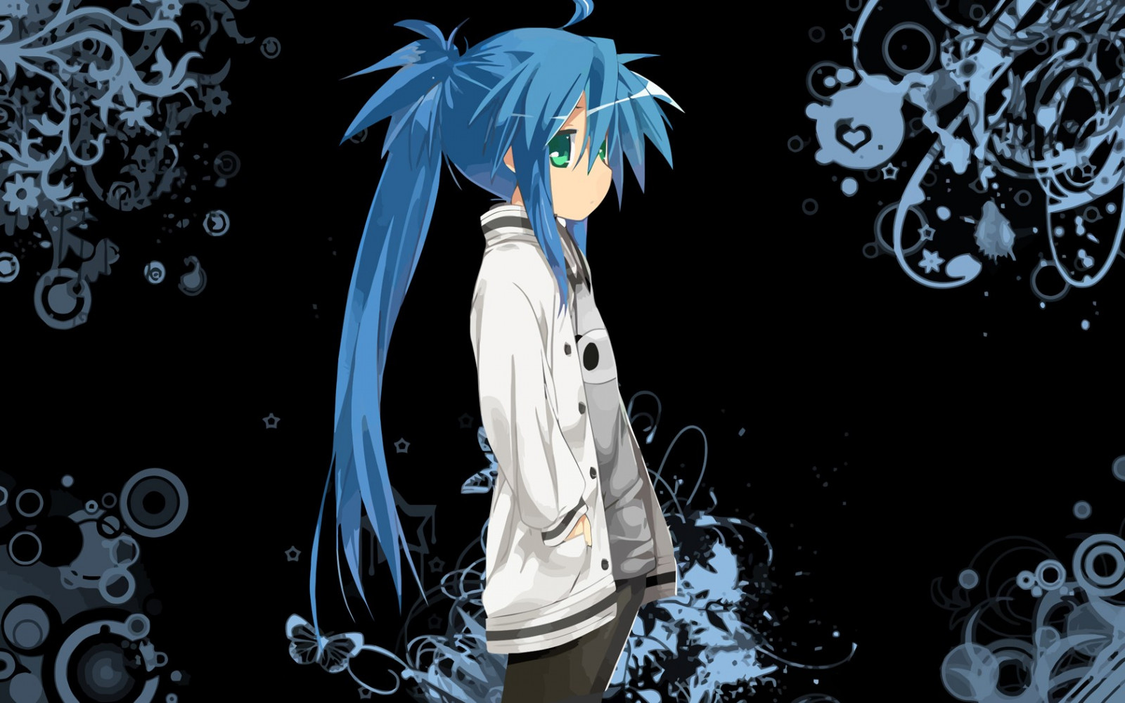 ilustrace, černobílý, anime, anime dívky, modré vlasy, Šťastná hvězda, Izumi Konata, tma, počítač tapeta, Černý a bílý, monochromatické fotografování, fiktivní postava