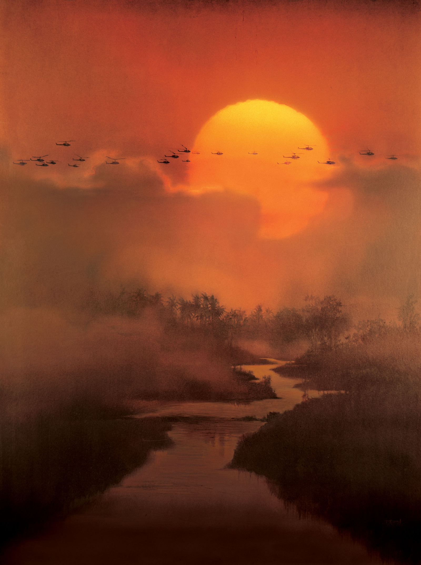 Hubschrauber, Hubschrauber, Krieg, Fluss, Wald, Nebel, Orange, Wasser