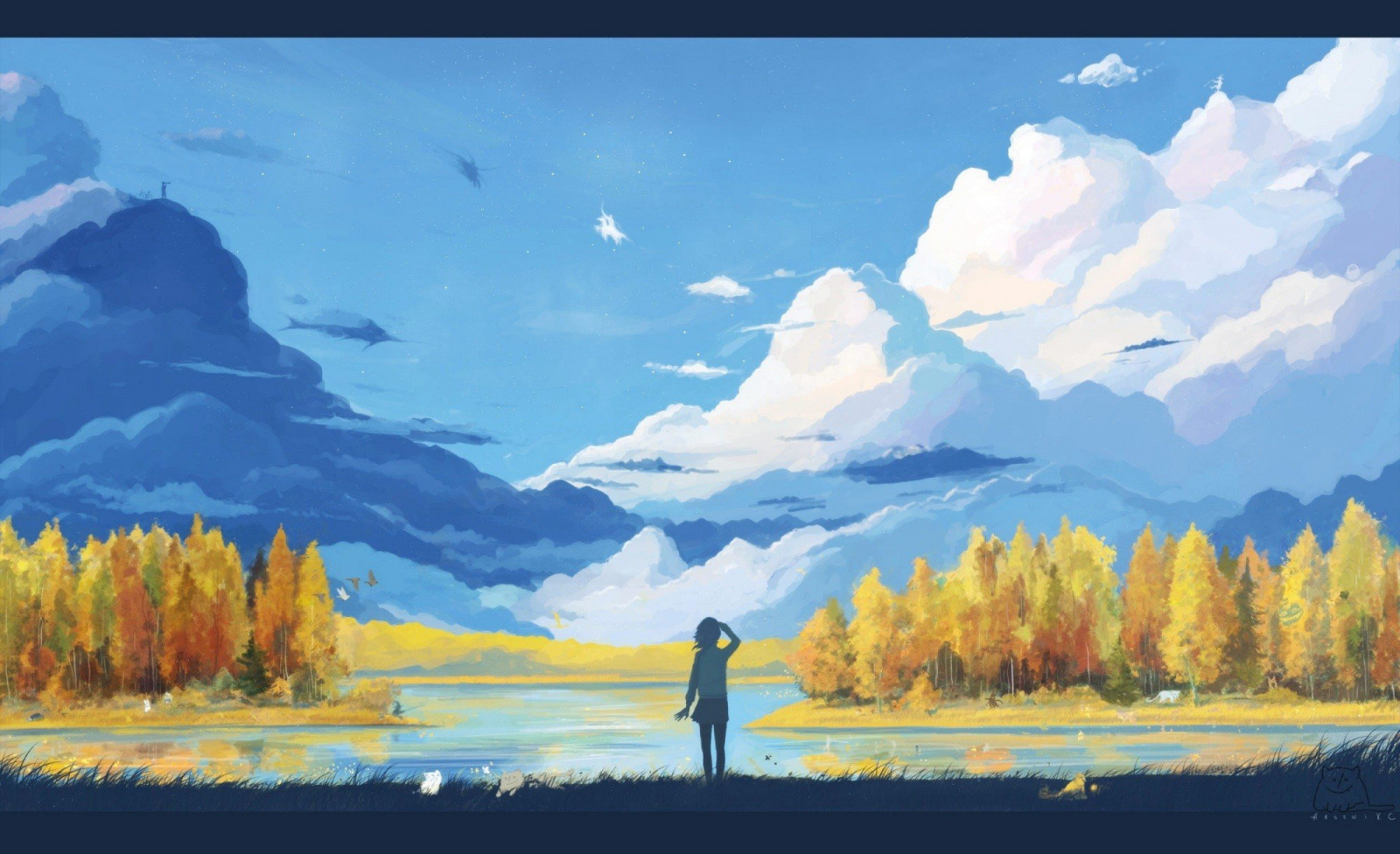 2000x1221 px, Anime, Obra de arte, Nubes, paisaje, naturaleza, Árboles