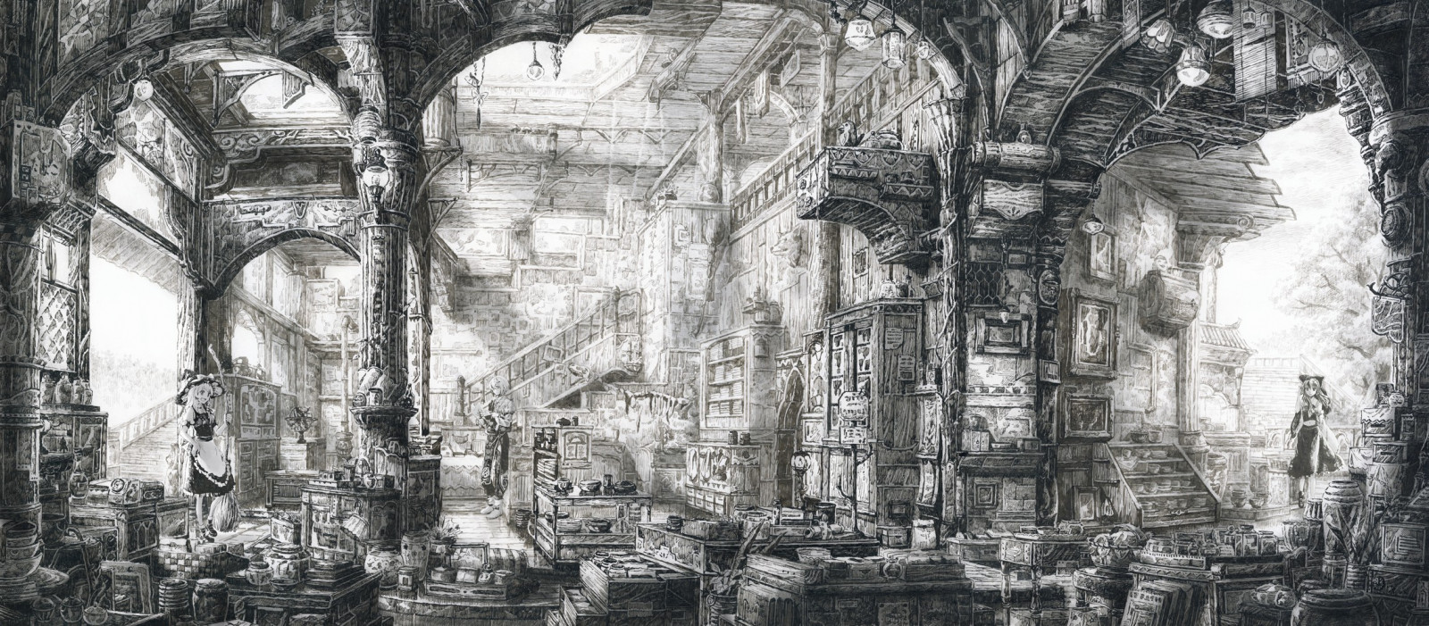 tempel, tegning, monokrom, anime, bygning, Touhou, Hakurei Reimu, Kirisame Marisa, katedral, ruiner, gotiske arkitektur, Morichika Rinnosuke, KUNST, skitse, sort og hvid, monokrom fotografering, oldtidshistorie, sted for tilbedelse