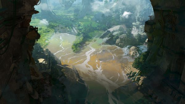 artwork,digital art,nature,river,trees,rocks