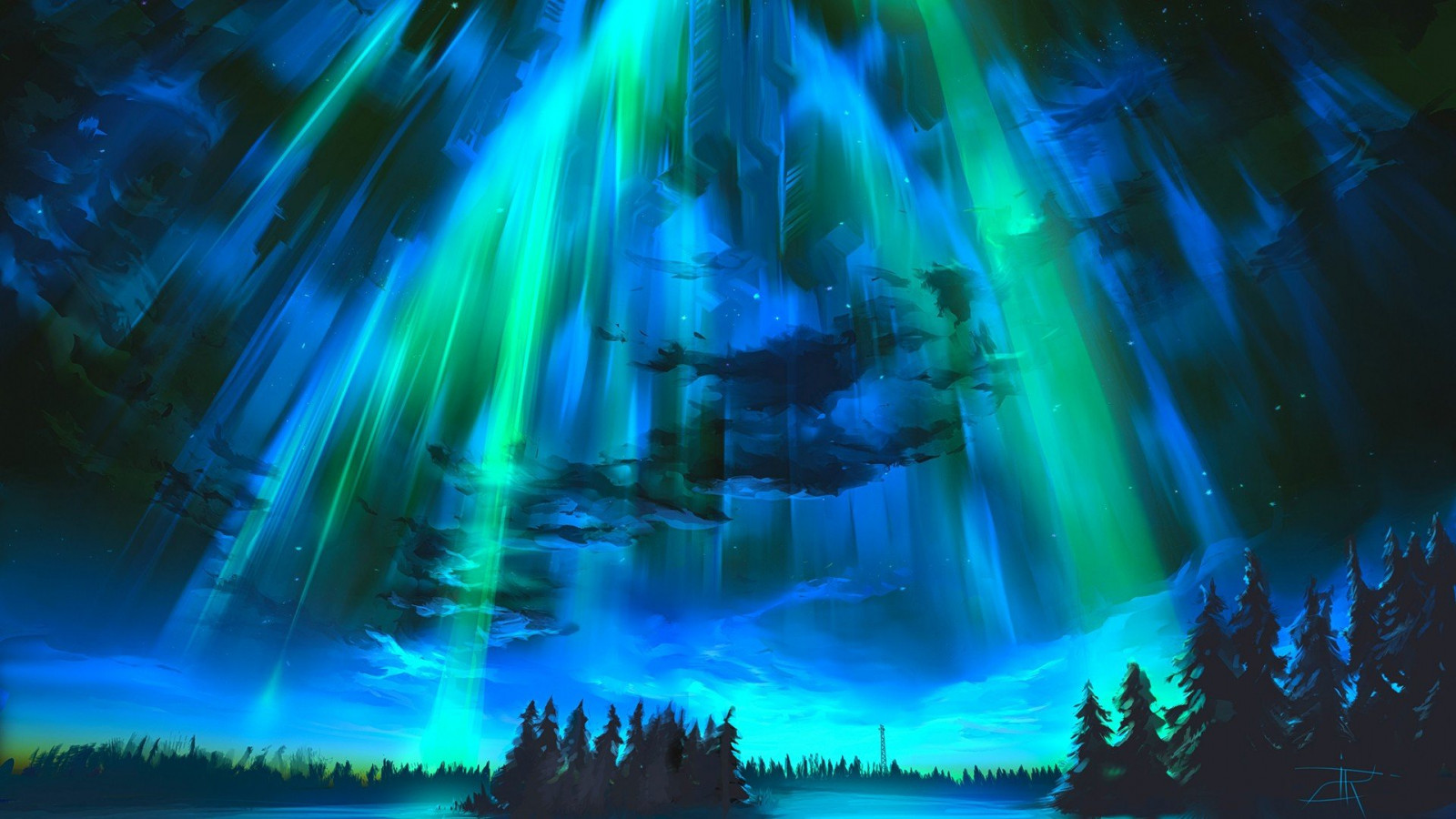 Wallpaper : 1920x1080 px, aurorae, digital art, trees 1920x1080 ...