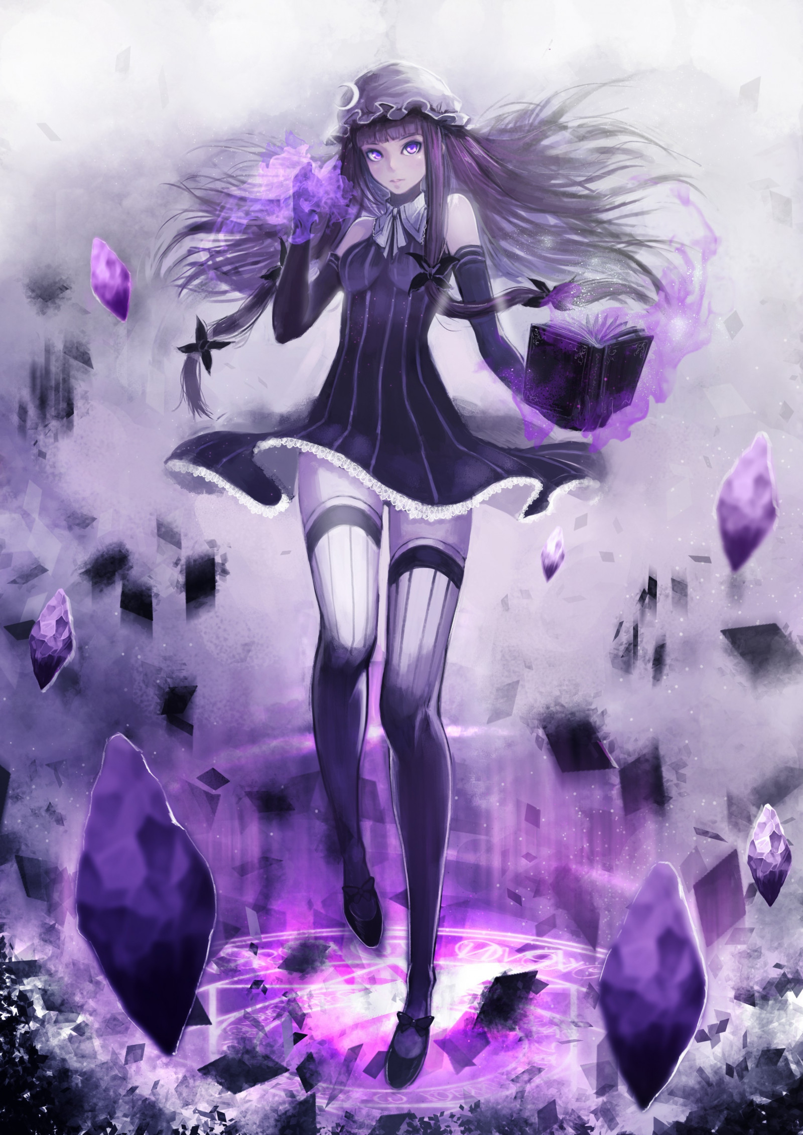 ilustrace, anime, nachový, Touhou, punčocháče, knihy, kouzlo, mytologie, fiktivní postava, 2480x3507 px