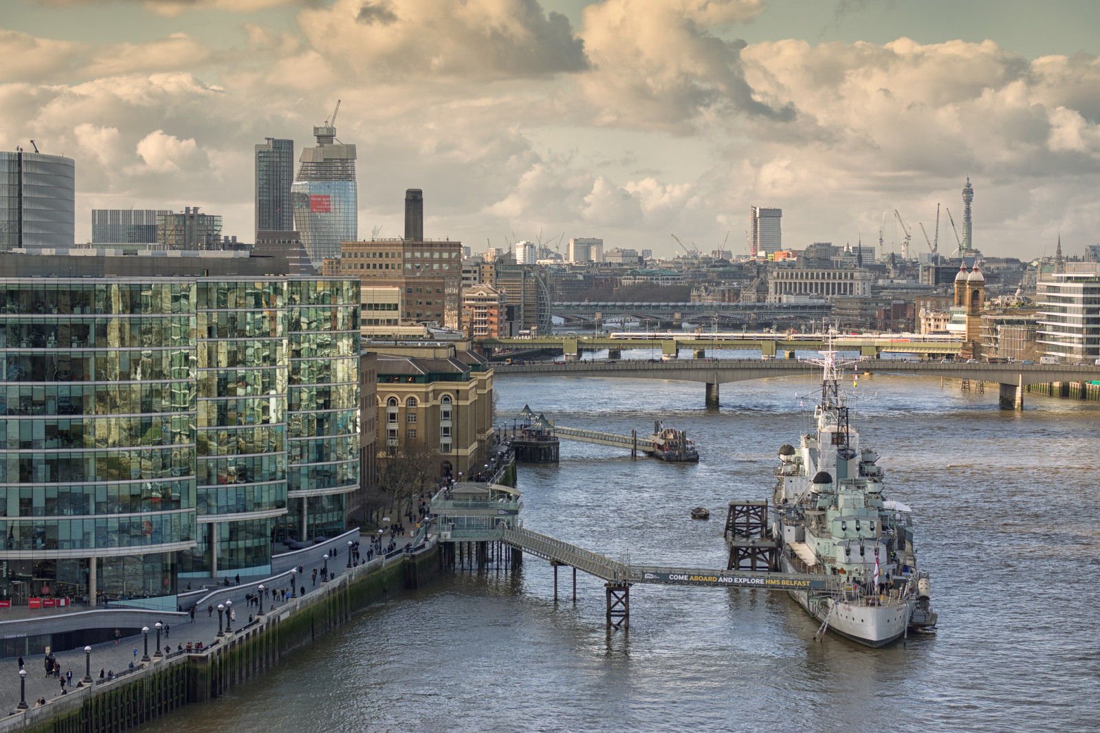 HMS Belfast, Londýn, Temže, věž, panoráma, Jižní břeh